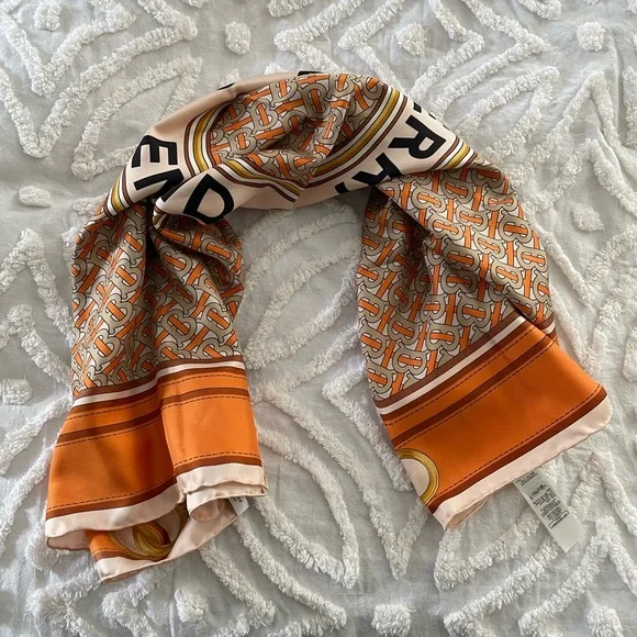 Burberry Print Logo Silk Orange Twill Scarf - Picture 9 of 16